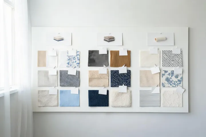 Material library wall with textile samples