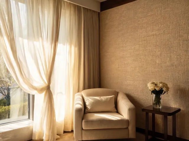 Drapery and wallcovering in hospitality interior